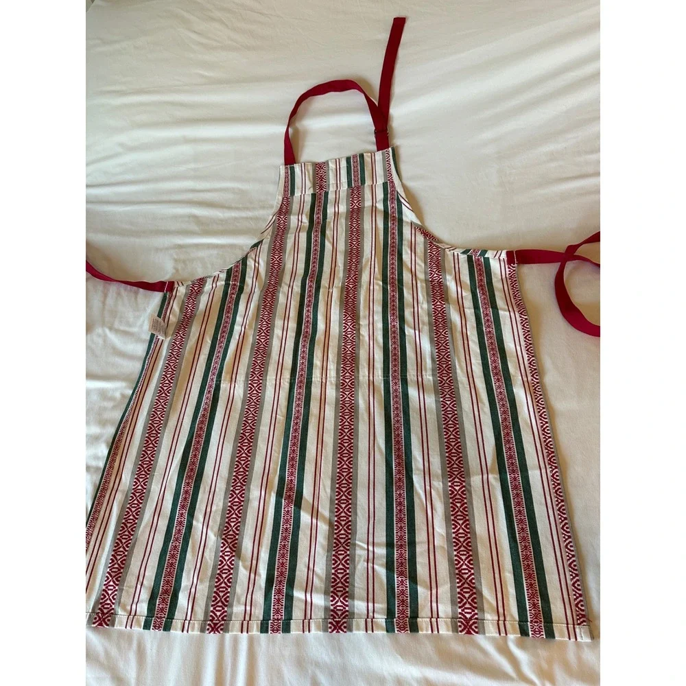 Williams Sonoma Red Green Striped Cotton Kitchen Apron Holiday Christmas 27x36